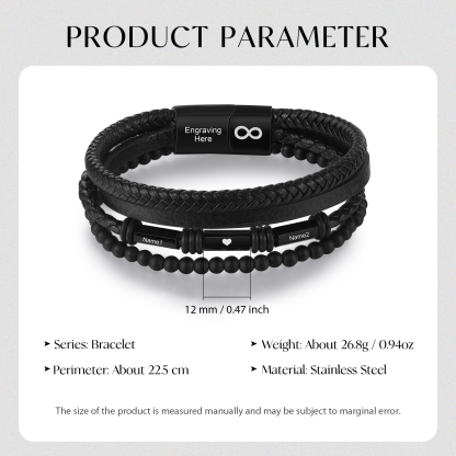 Bracelet Cuir tressé infini 2 Prénoms Personnalisé avec texte Bracelet Prénom pour Homme｜Jessemade