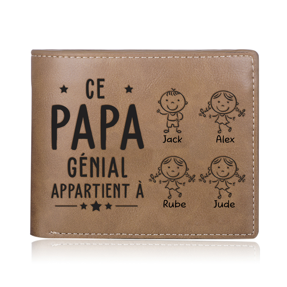 Jessemade FR À Papa-Portefeuille 4 Prénoms Personnalisés avec 4 Enfants Classique Homme Porte-Monnaie Carte