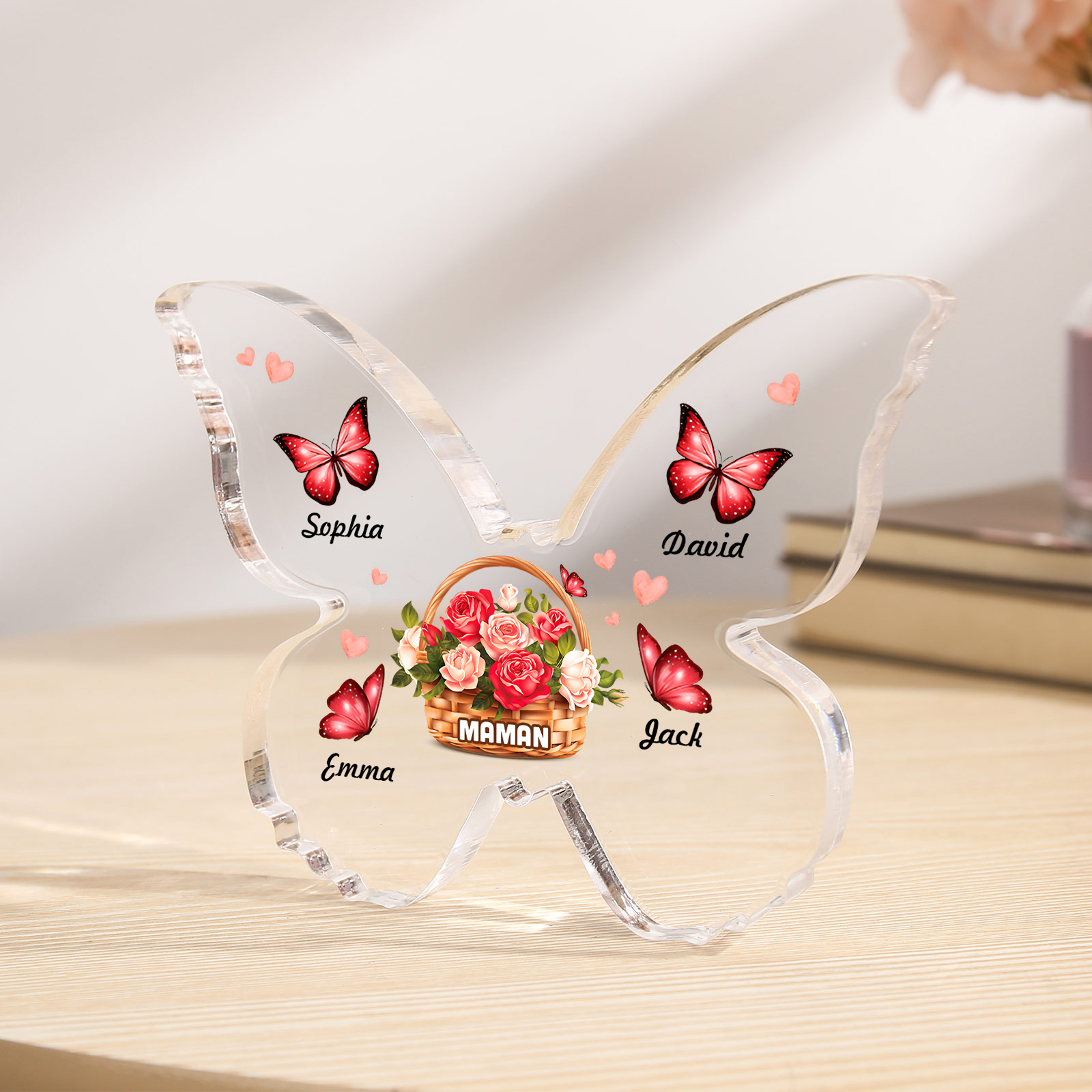 À Maman/Mamie - Plaque Acrylique en forme de Papillon 4 Prénoms et 1 Texte Personnalisés Decoration Fleurs et Papillons