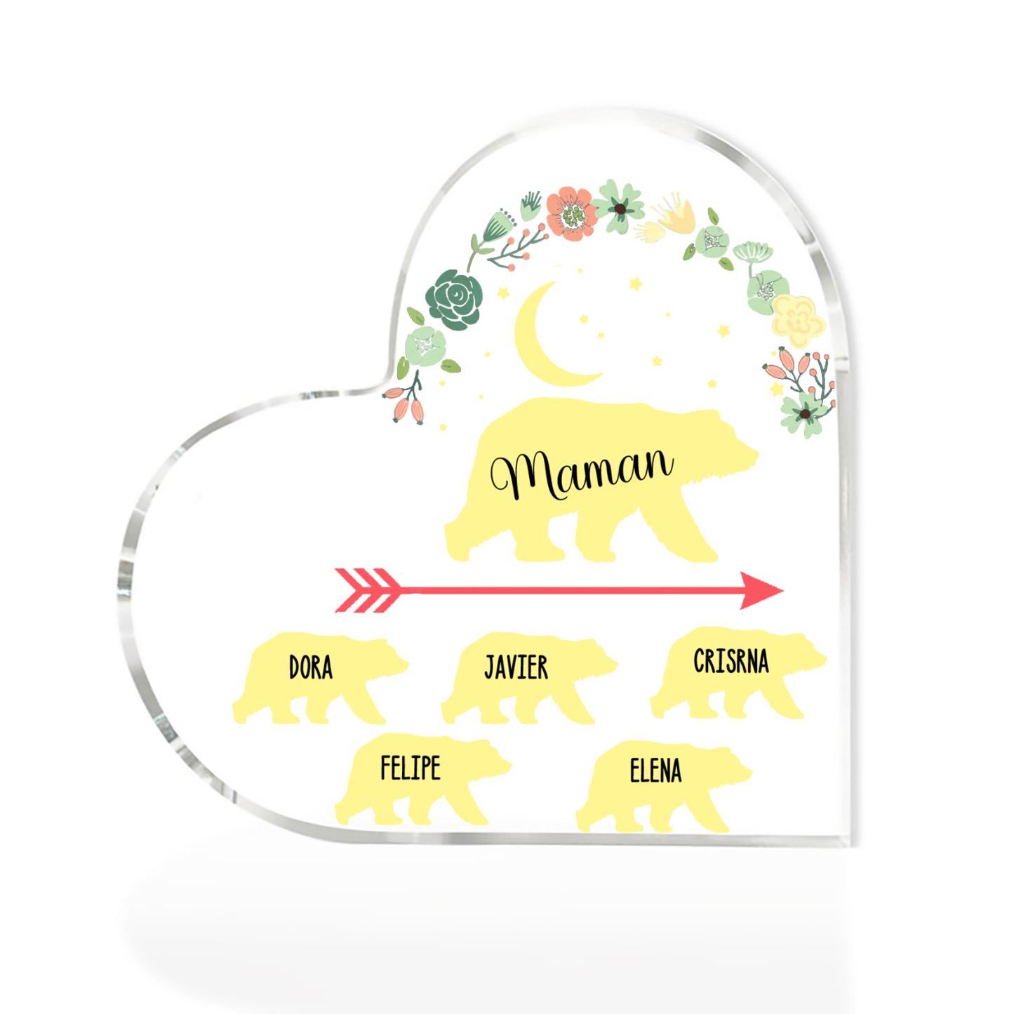 À ma Maman - Plaque Acrylique en Forme de Cœur Ours 5 Prénoms Personnalisés