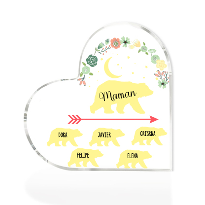 À ma Maman - Plaque Acrylique en Forme de Cœur Ours 5 Prénoms Personnalisés