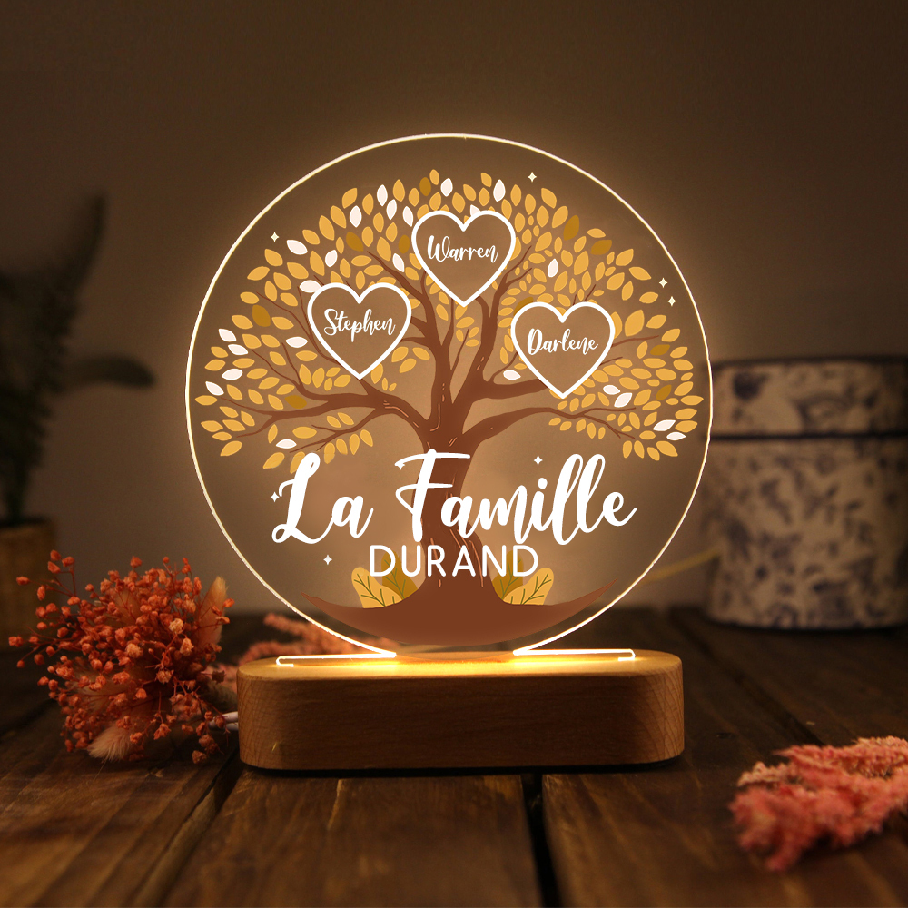 Lampe de chevet Arbre de Vie LED Lumières 3 Prénoms et 1 Texte Personnalisés pour Famille