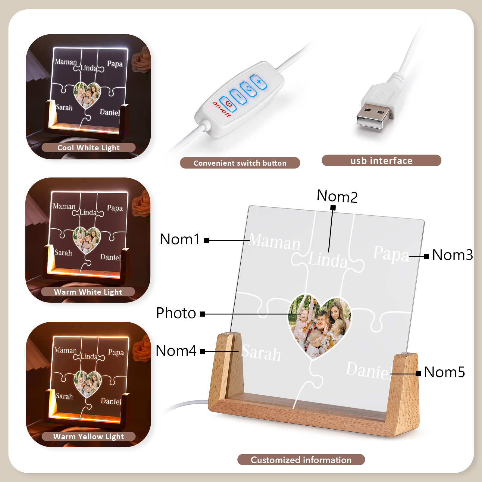 Lampe de chevet LED Puzzles 5 Prénoms Personnalisés avec Photo pour Famille