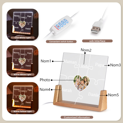 Lampe de chevet LED Puzzles 5 Prénoms Personnalisés avec Photo pour Famille
