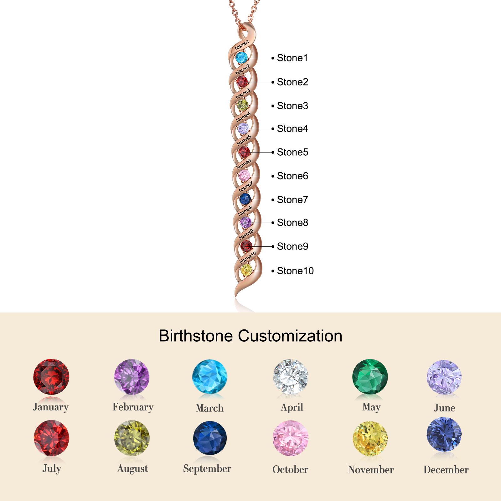 Collier Femme 10 Prénoms Personnalisés avec 10 Pierres de naissance