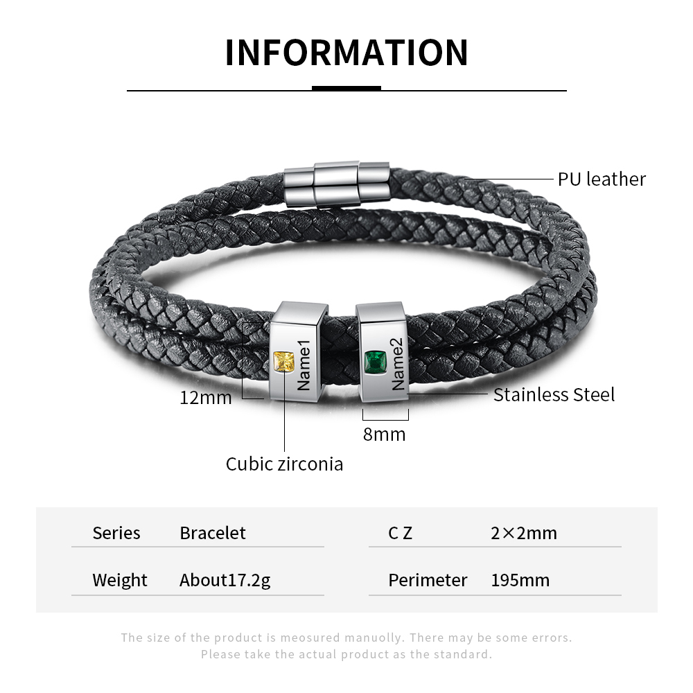 Bracelet 2 Prénom Personnalisé Avec 2 pierre de naissance Bracelet Homme