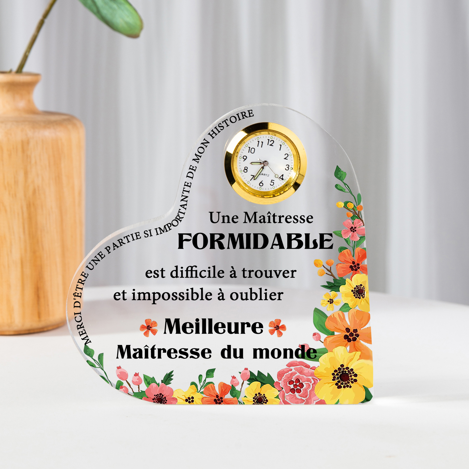 Cadeau Maîtresse – Plaque acrylique Coeur avec Horloge et Message “Meilleure Maîtresse du Monde” | Jessemade