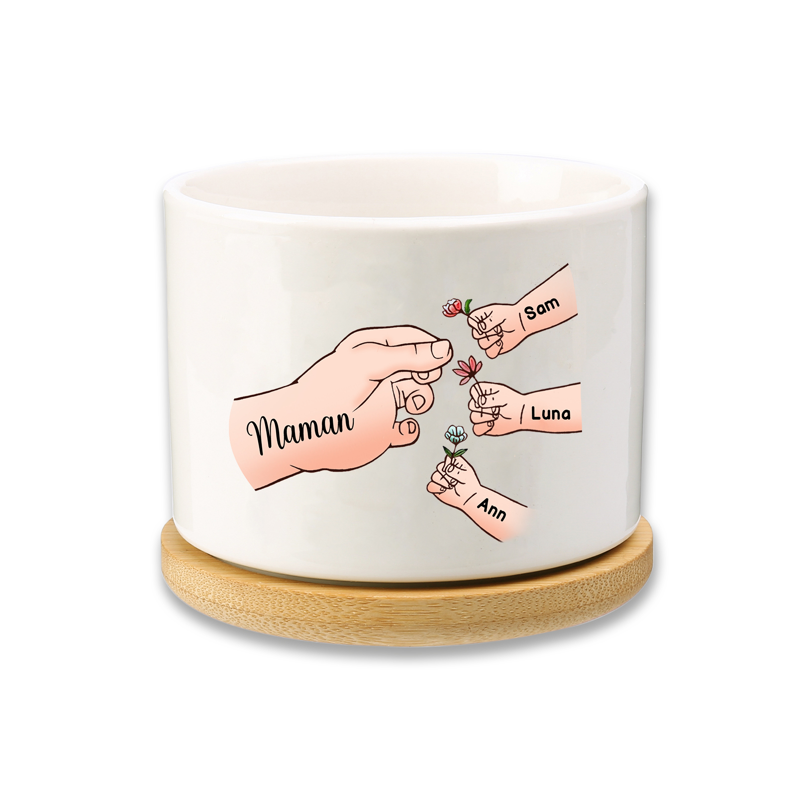 Vase/Pot de Fleurs mains et enfants 4 Prénoms Personnalisés Décoration de la Maison (sans plantes)