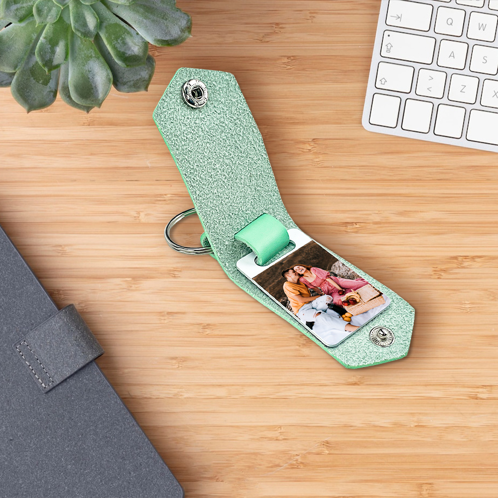 Porte-Clés Cuir Texte et Photo Personnalisées pour Couple