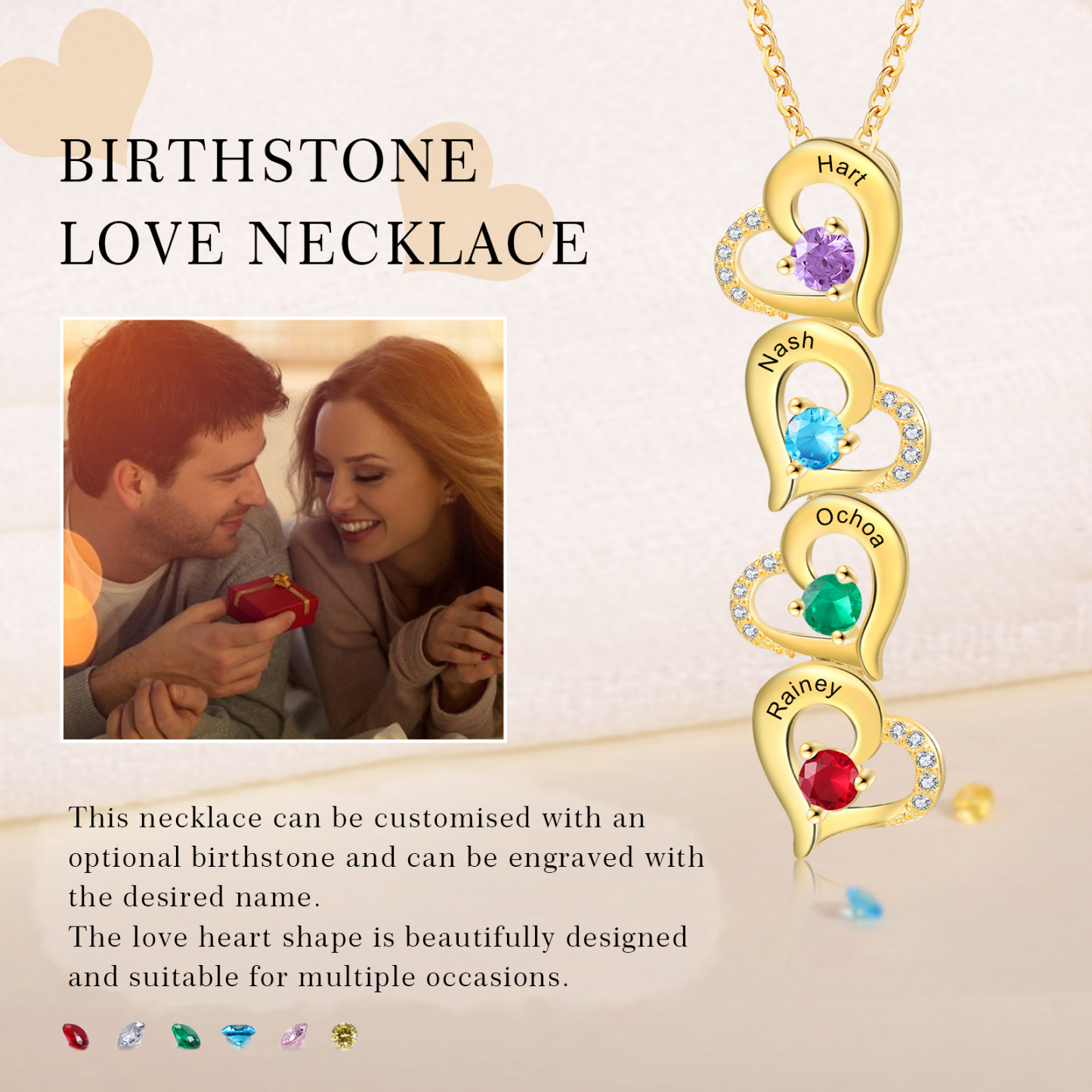 Collier Pendentif Cœur 4 Prénoms Personnalisés avec Pierre de naissance pour Femmes
