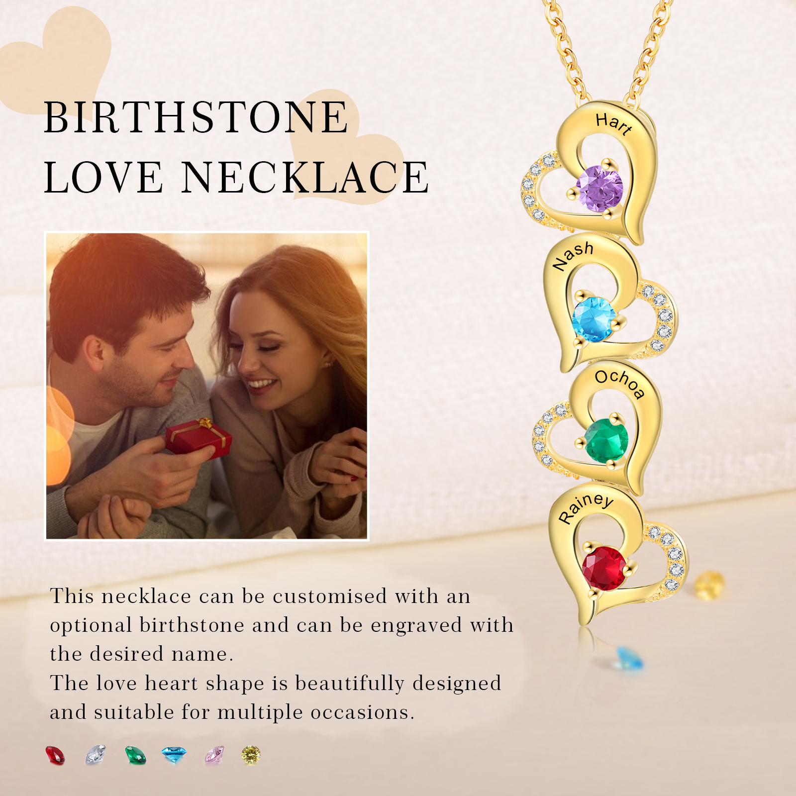 Collier Pendentif Cœur 4 Prénoms Personnalisés avec Pierre de naissance pour Femmes