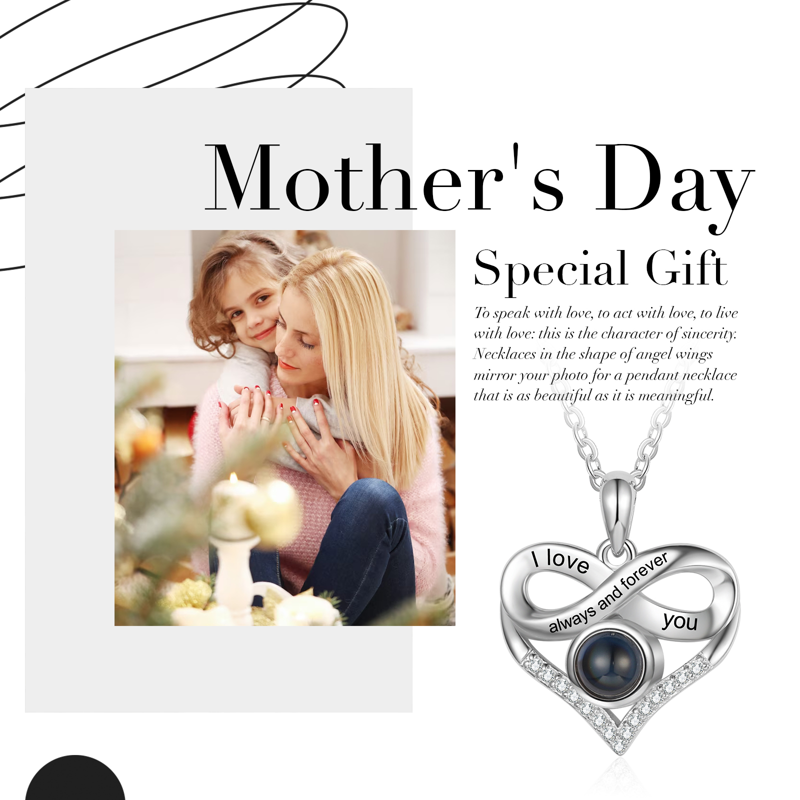 Collier Cœur Infini Projection de Pierres 1 Photo et 2 Textes Personnalisés Collier pour Femmes | Jessemade