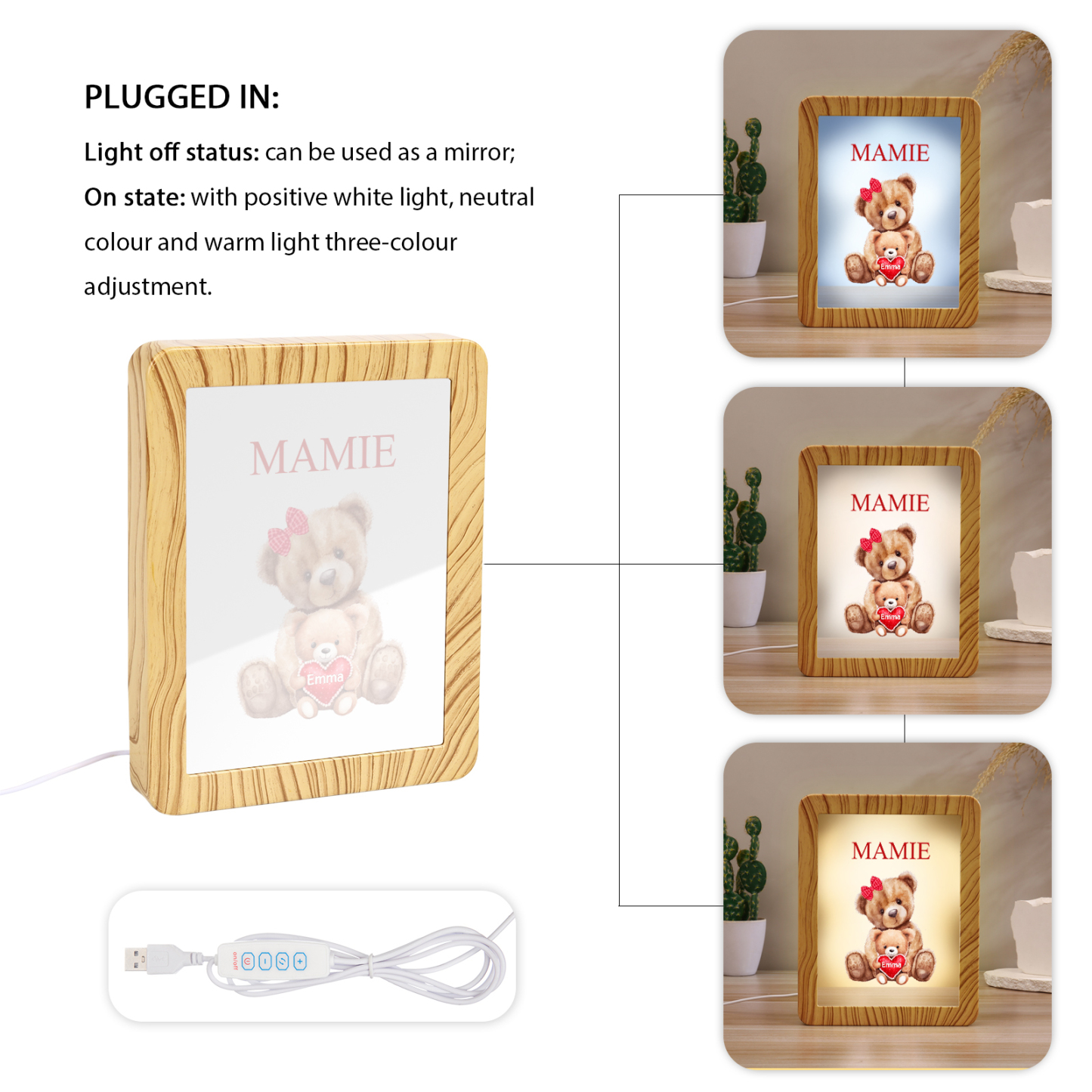Cadre Photo/Miroir LED Multifonctionnel Ours 1 Prénom Personnalisé avec Texte pour Famille