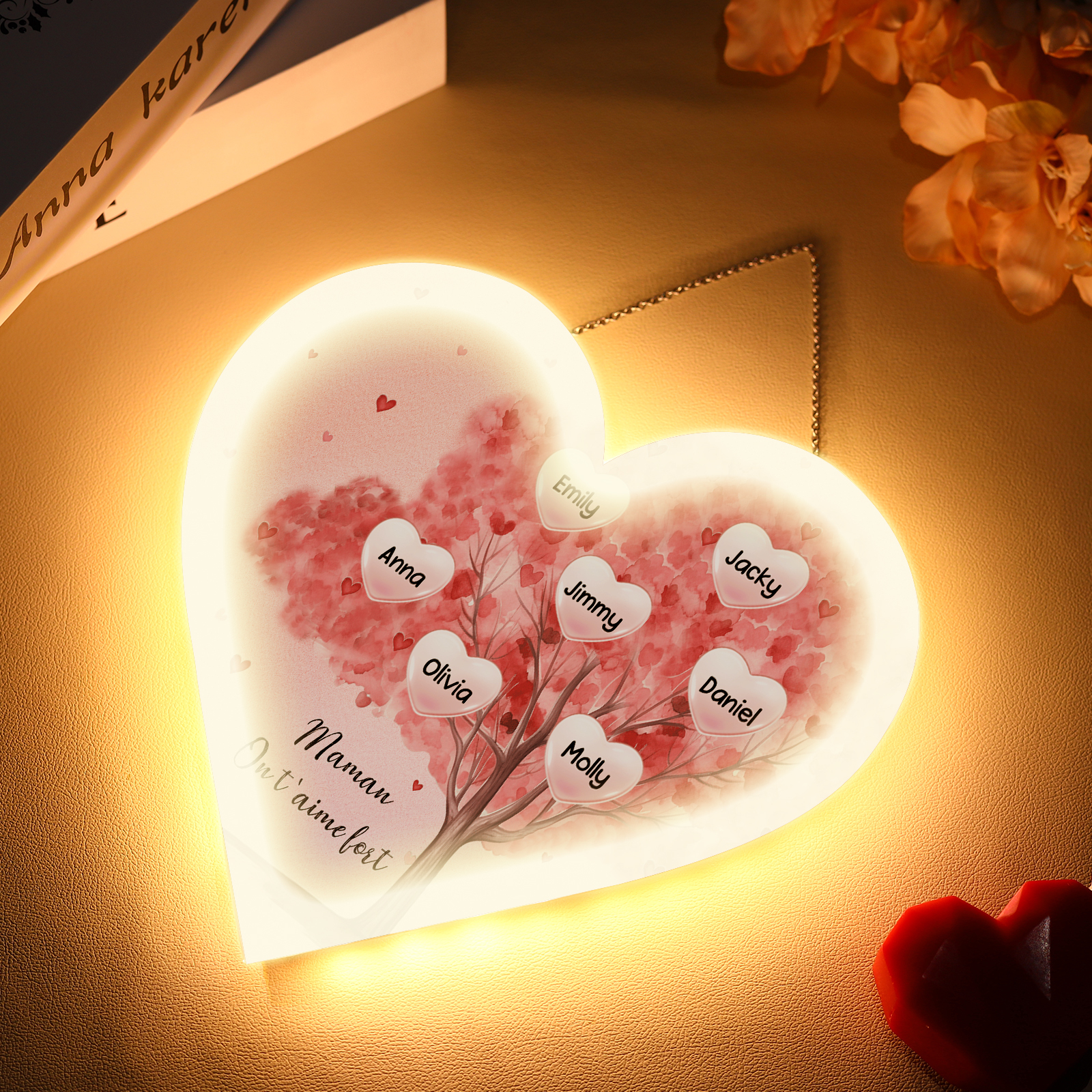 À Maman/Mamie - Veilleuse Cœur Arbre Décoration 7 Prénoms Personnalisés avec 1 Texte