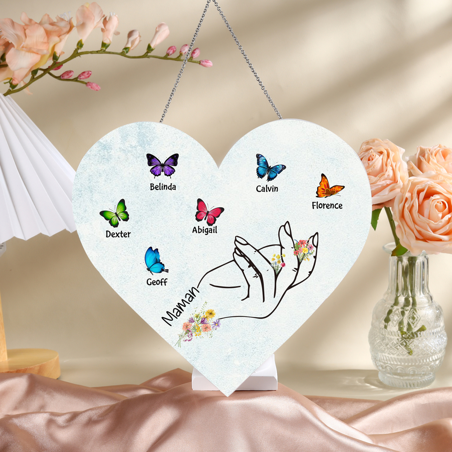 À Maman/Mamie - Veilleuse Cœur Décoration Main et Papillon 6 Prénoms Personnalisés avec 1 Texte