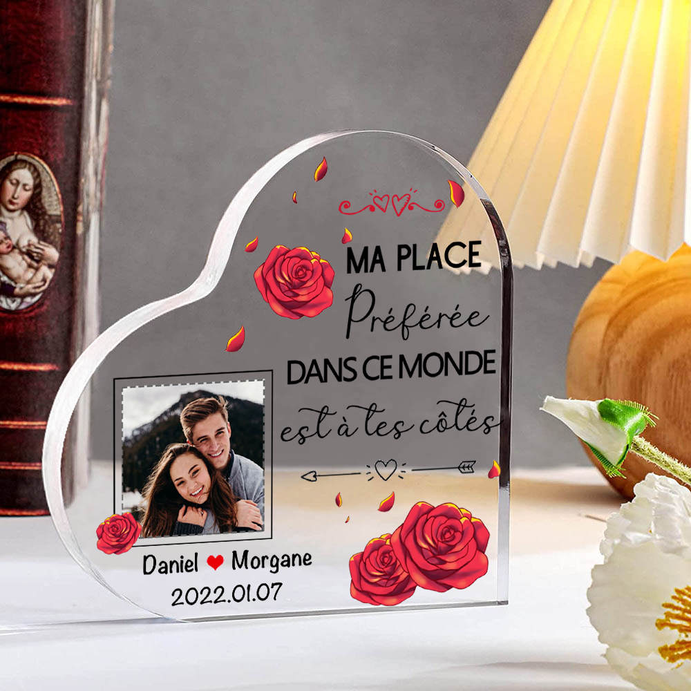 Plaque Acrylique en Forme de Coeur 2 Prénoms avec Photo et Date Personnalisées