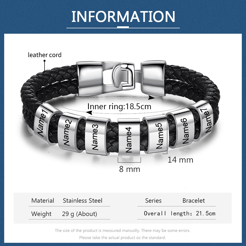 À mon homme - Bracelet en cuir tressé à perles personnalisé pour petit-ami / mari avec 7 prénoms gravés