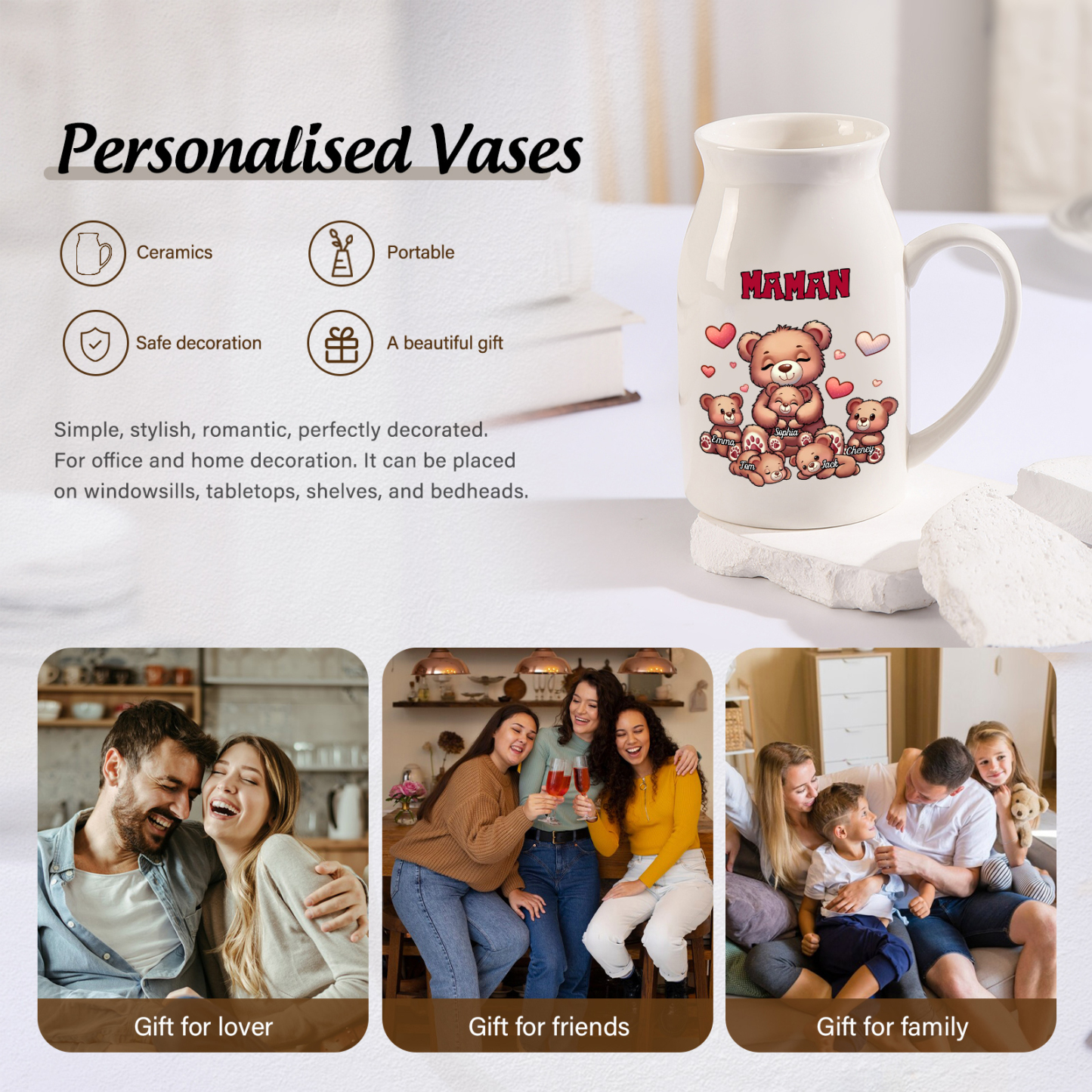 Vase à Fleurs Ours 5 Prénoms Personnalisés avec Texte Décoration de la Maison