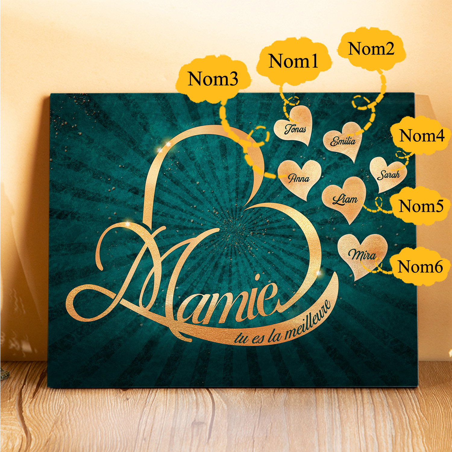 À ma Mamie - Cadre en Bois Cœur 1-6 Prénoms Personnalisés