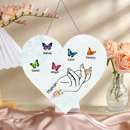 À Maman/Mamie - Veilleuse Cœur Décoration Main et Papillon 5 Prénoms Personnalisés avec 1 Texte