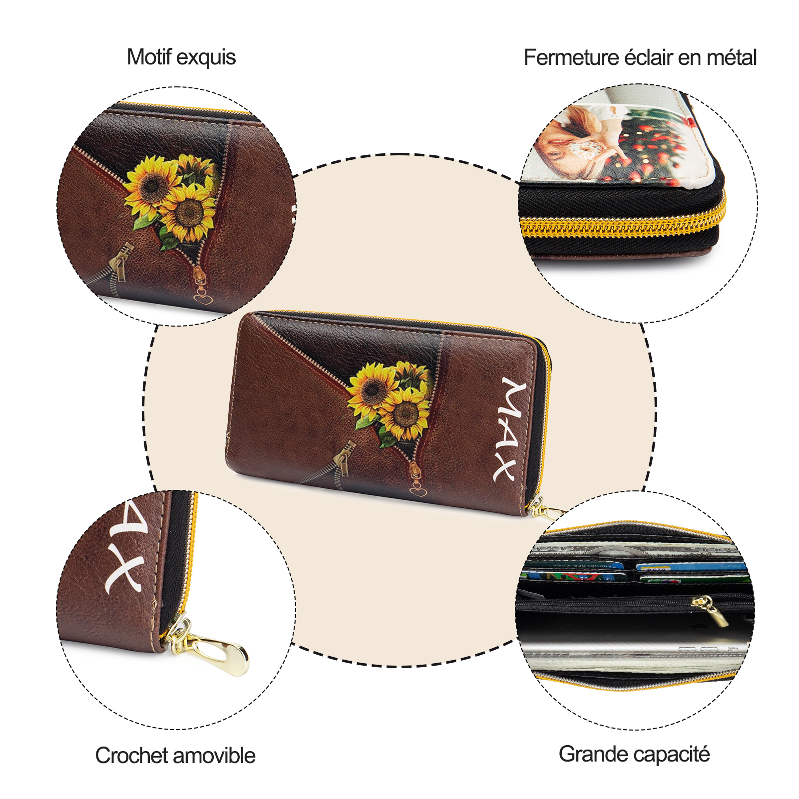 Portefeuille long en cuir PU tournesol 1 Prénom personnalisé avec 4 photo