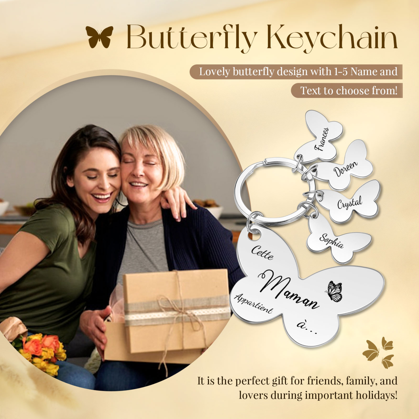À Maman/Mamie - Porte-Clés Papillon 4 Prénoms Personnalisés avec Texte 