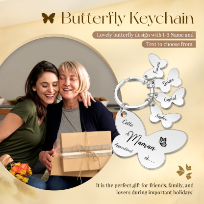 À Maman/Mamie - Porte-Clés Papillon 4 Prénoms Personnalisés avec Texte 