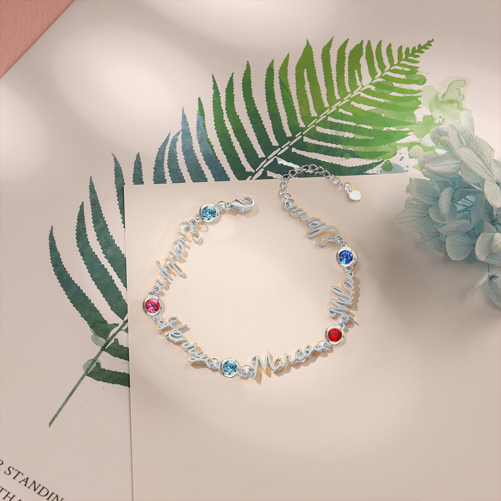 Bracelet Breloque 5 Prénom Personnalisé avec 5 Pierre de Naissance