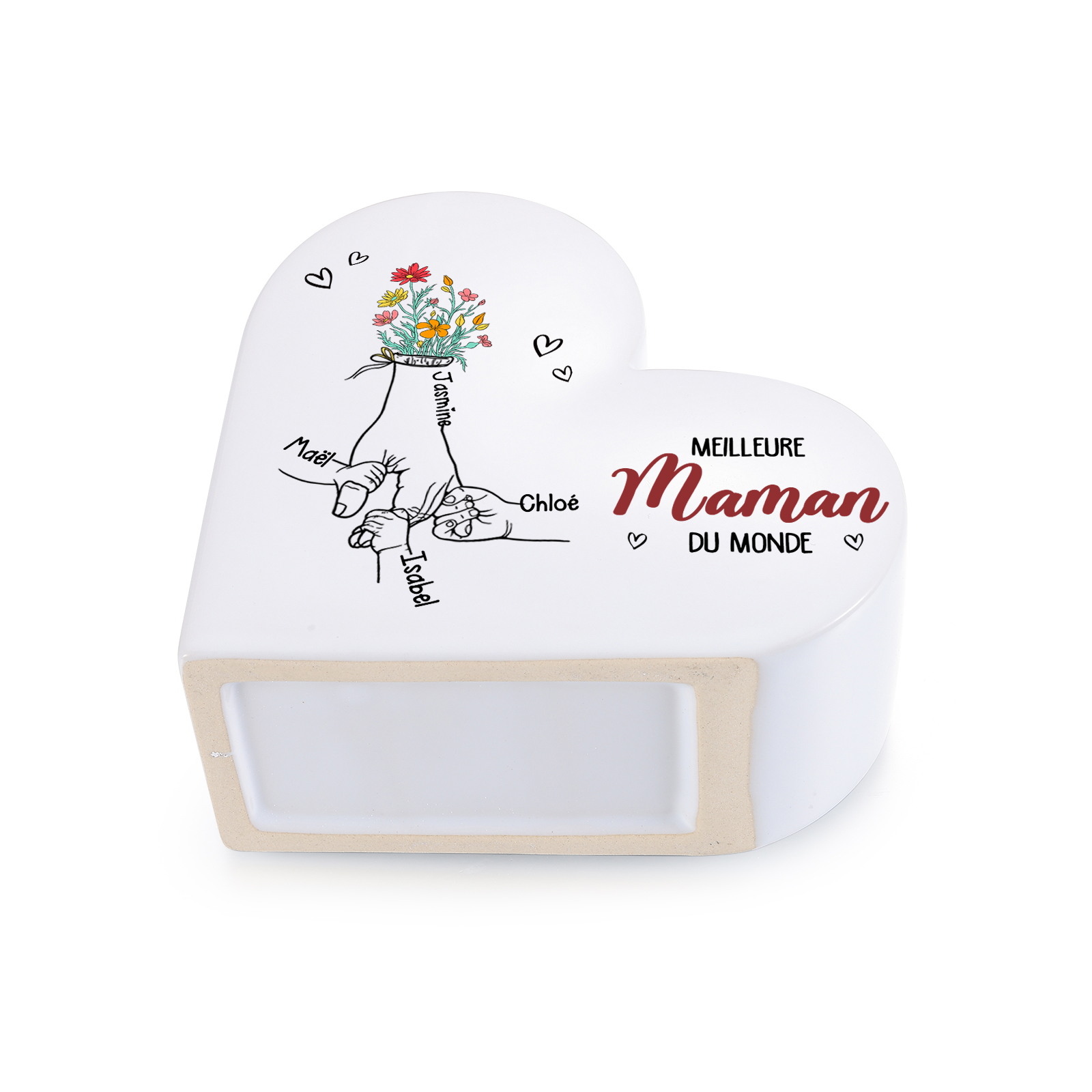 Vase Cœur en Céramique Personnalisé avec 2 à 6 Prénoms « Meilleure maman/mamie du monde »