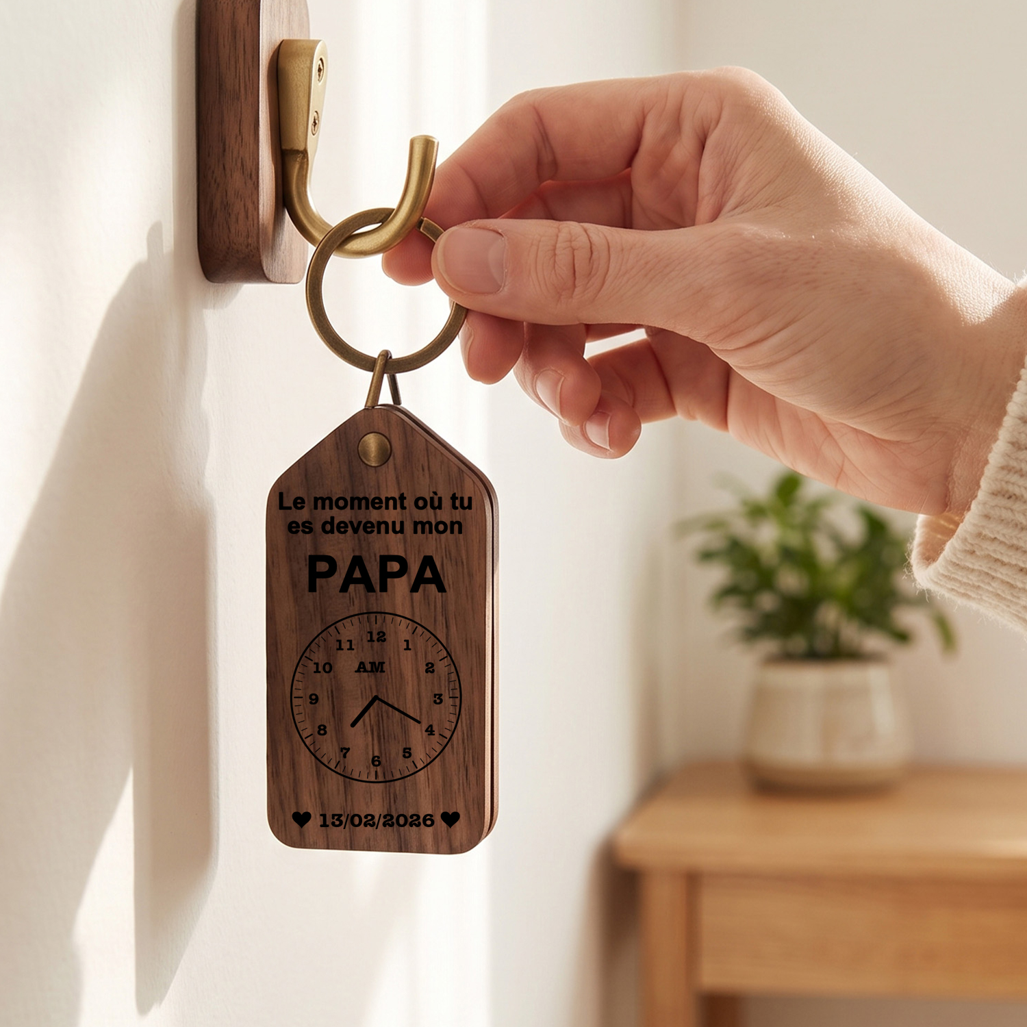 Porte-Clés en Bois Personnalisé avec Photo et Date pour Papa/Papi