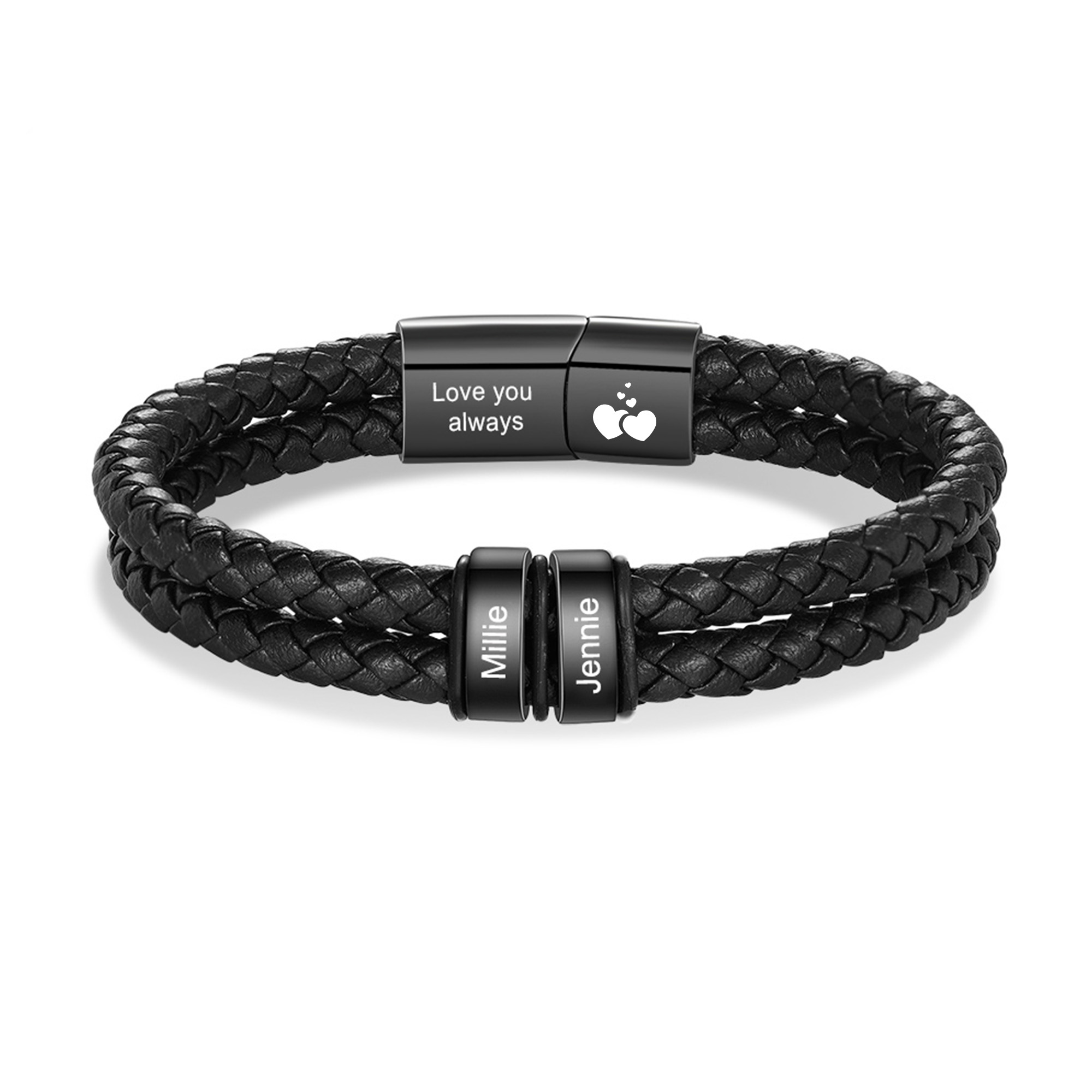 Bracelet en cuir tressé noir Personnalisé avec 2 à 6 Prénoms pour Homme