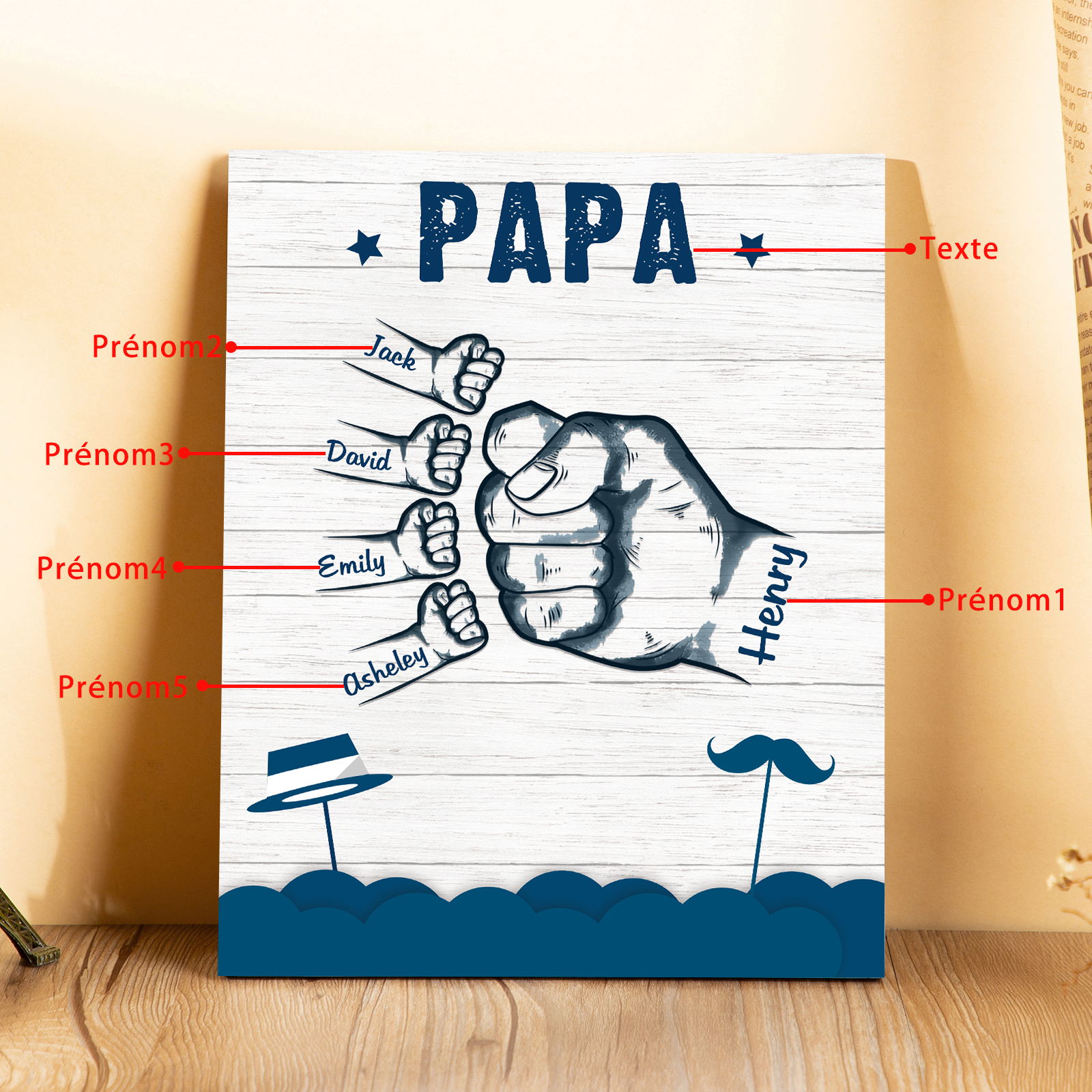 À Mon Papa/Papi-Cadre en Bois Poings 5 Prénoms Personnalisés avec Texte