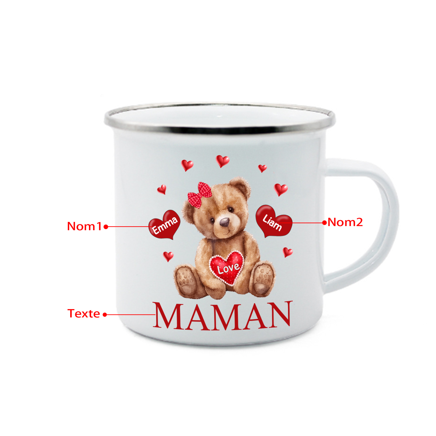 À Maman/Mamie - Tasse émaillée Ours 2 Prénoms Personnalisés