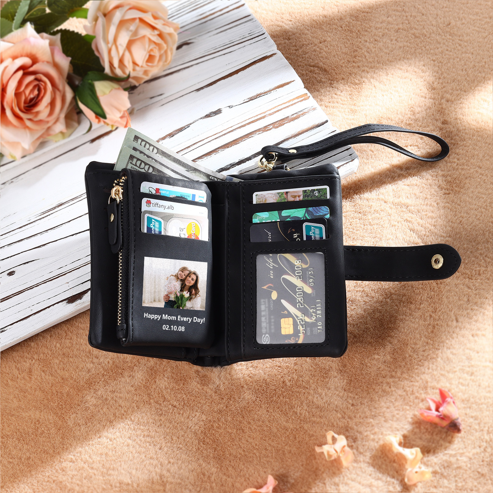 Portefeuille Fleur 1 Prénom et Lettre Personnalisés avec Photo et Texte Porte-Monnaie Carte pour Femmes