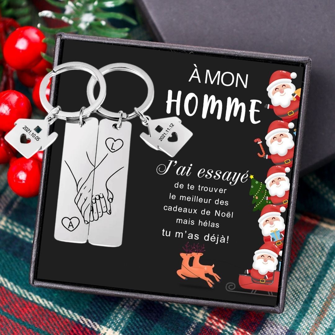 À mon Hommme - Porte-Clés la main dans la main 2 Lettres Personnalisés avec 2 Dates Cadeau Noël