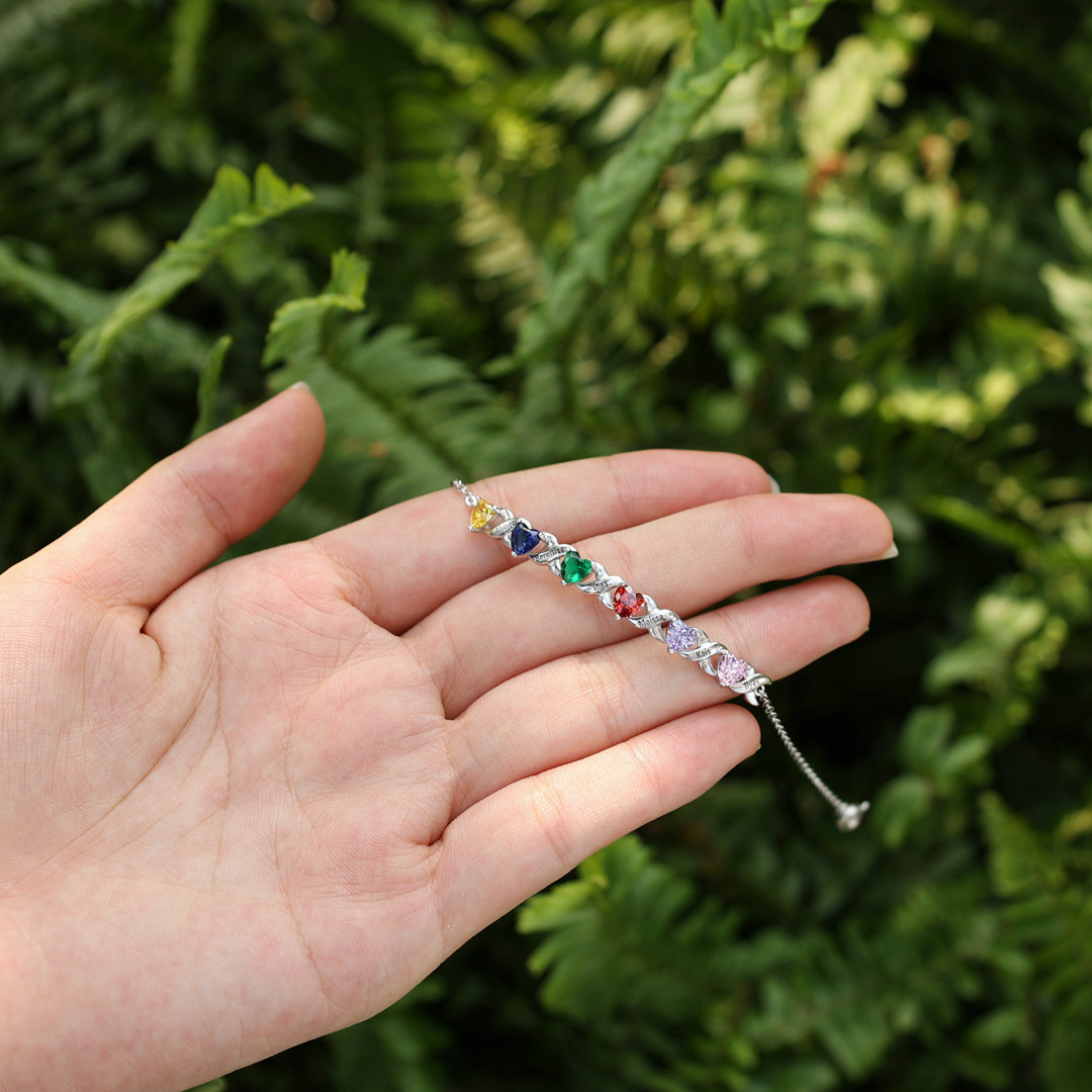 Bracelet à Breloque 6 Prénoms Personnalisé avec 6 Pierres de Naissance