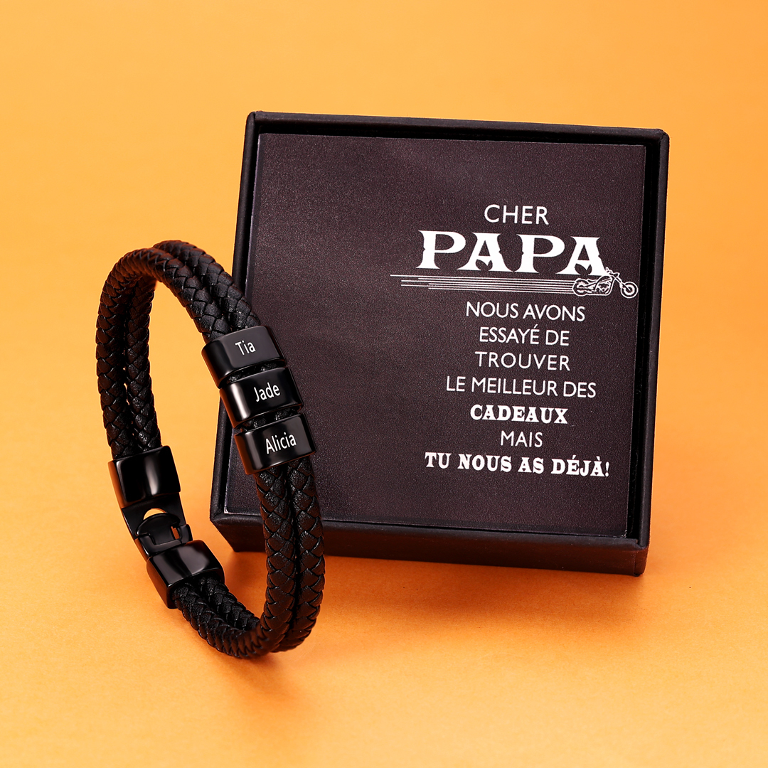 À mon Papa - Bracelet Personnalisé Homme Bracelet Cuir tressé 3 Perles et Prénoms Personnalisés|Jessemade