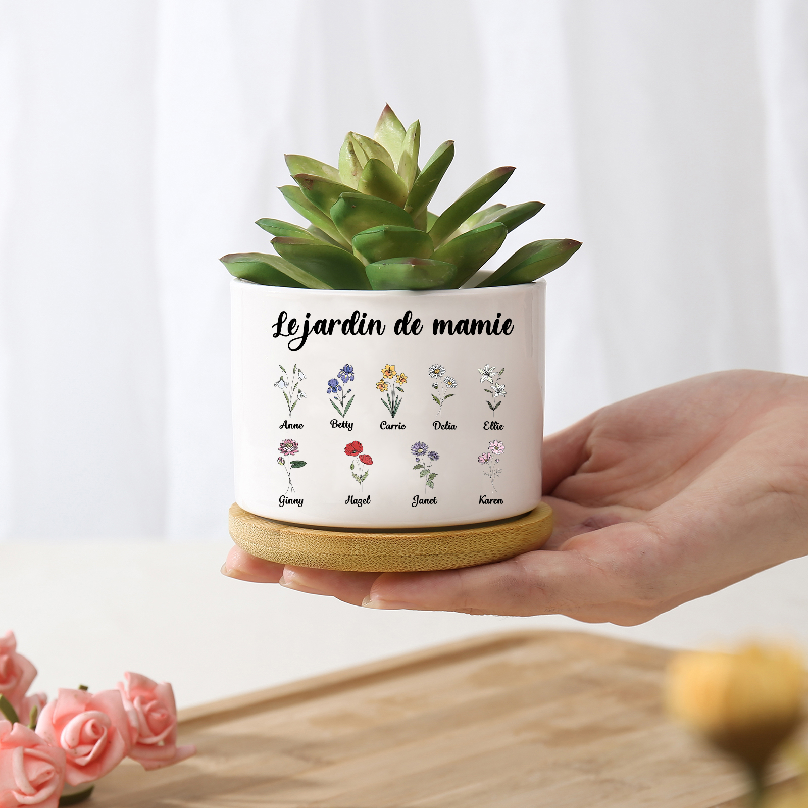 Vase/Pot de Fleurs 9 Prénoms et 1 Texte Personnalisés avec Fleurs de Naissance Décoration de la Maison (sans plantes)
