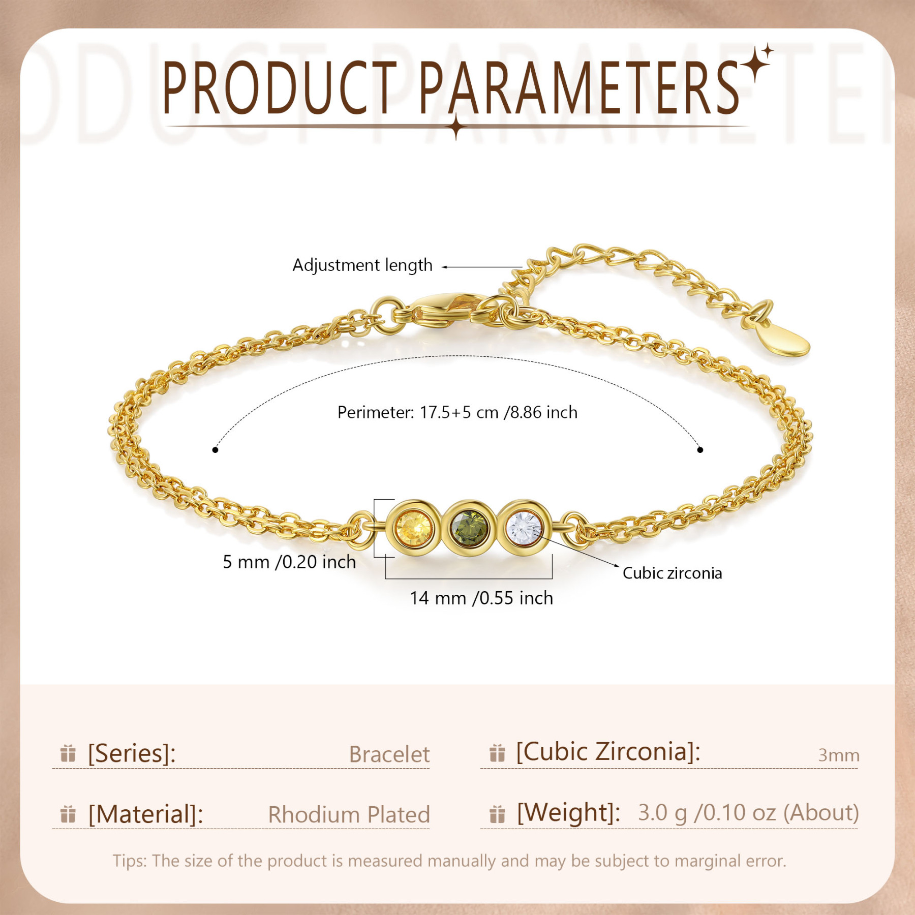 Bracelet Femme Personnalisés avec 3 Pierres de Naissance