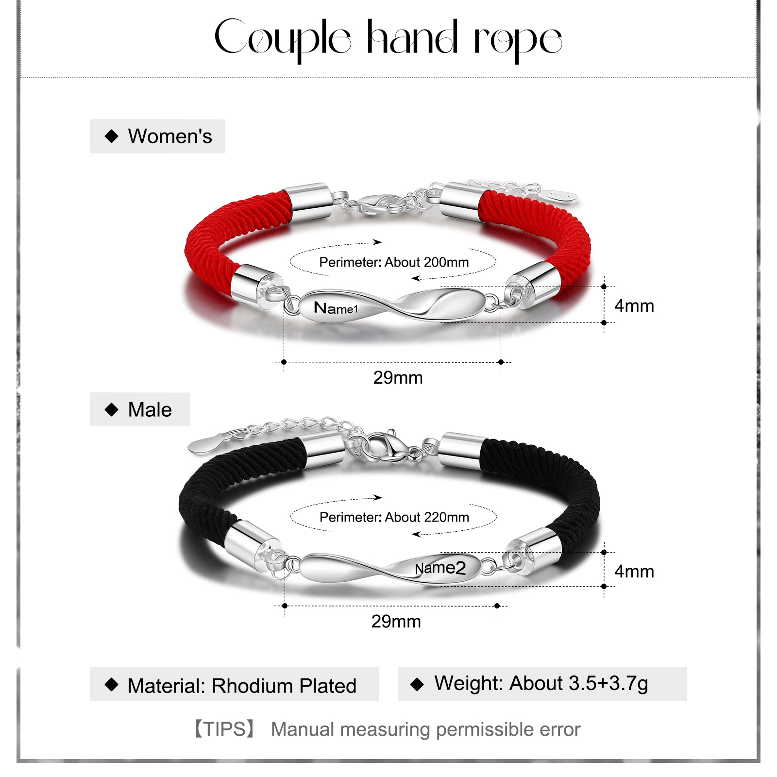 2PCS Bracelet Roped 2 Prénoms Personnalisés pour Couple cadeau Saint Valentin