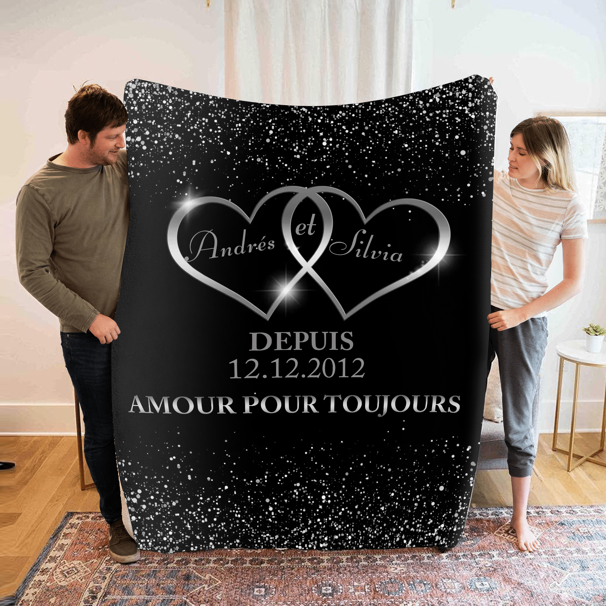 Couverture Plaids Polaire 2 Prénoms Personnalisés avec Date et Texte p