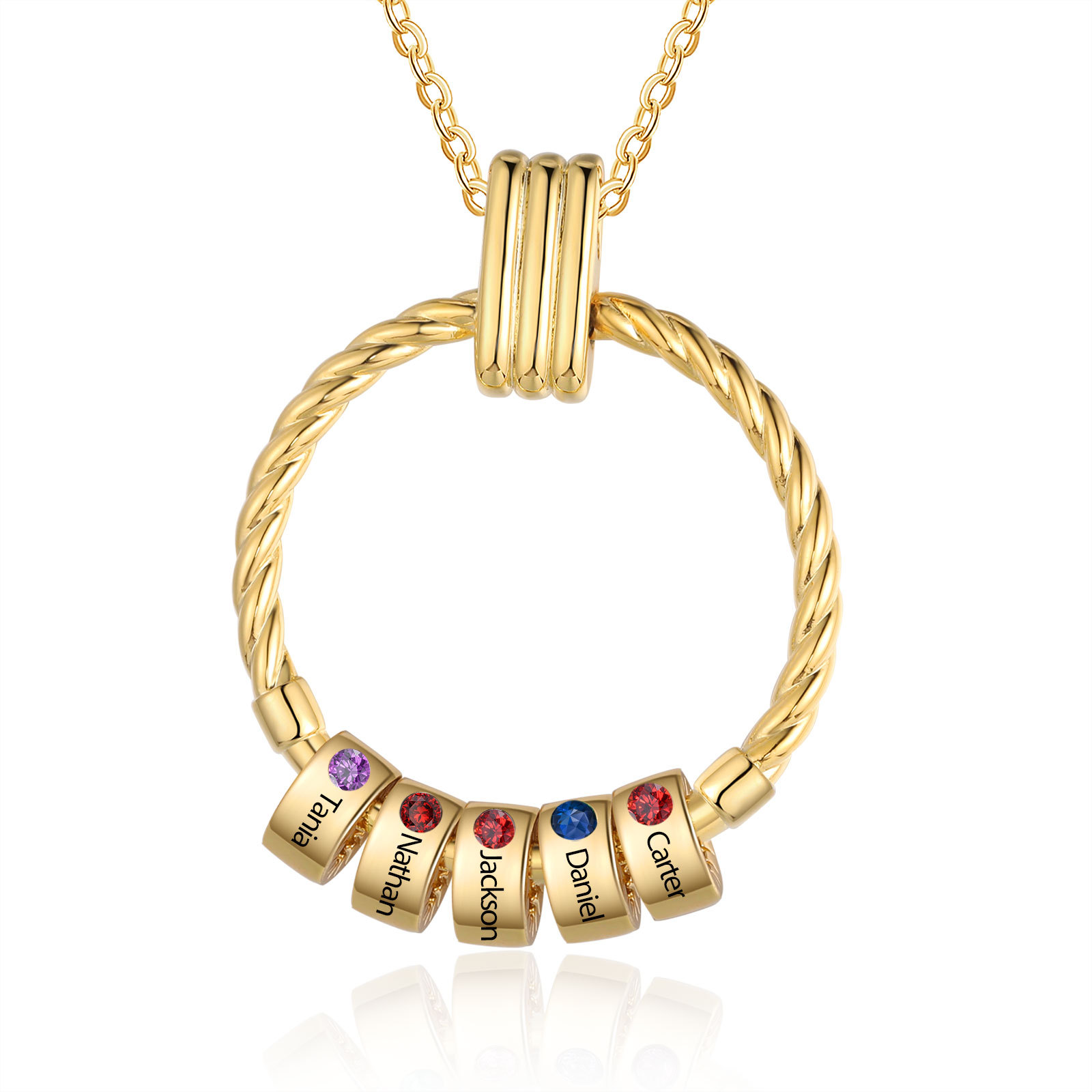 Collier Pendentif 5 Prénoms et Perles Personnalisés avec Pierres de Naissance Collier Femmes