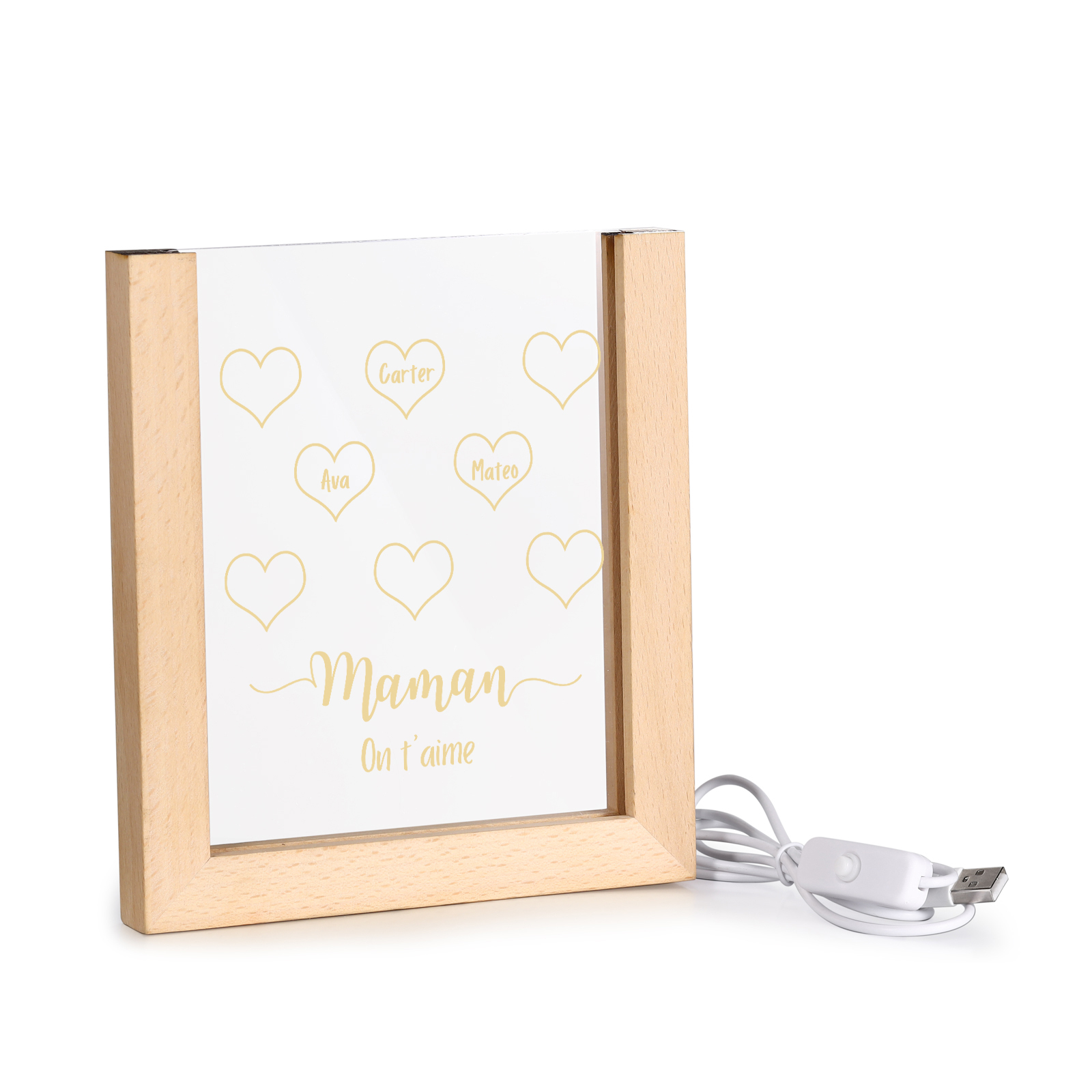 À Maman/Mamie - Lampe de chevet LED Cœurs 3 Prénoms Personnalisés avec 1 Texte