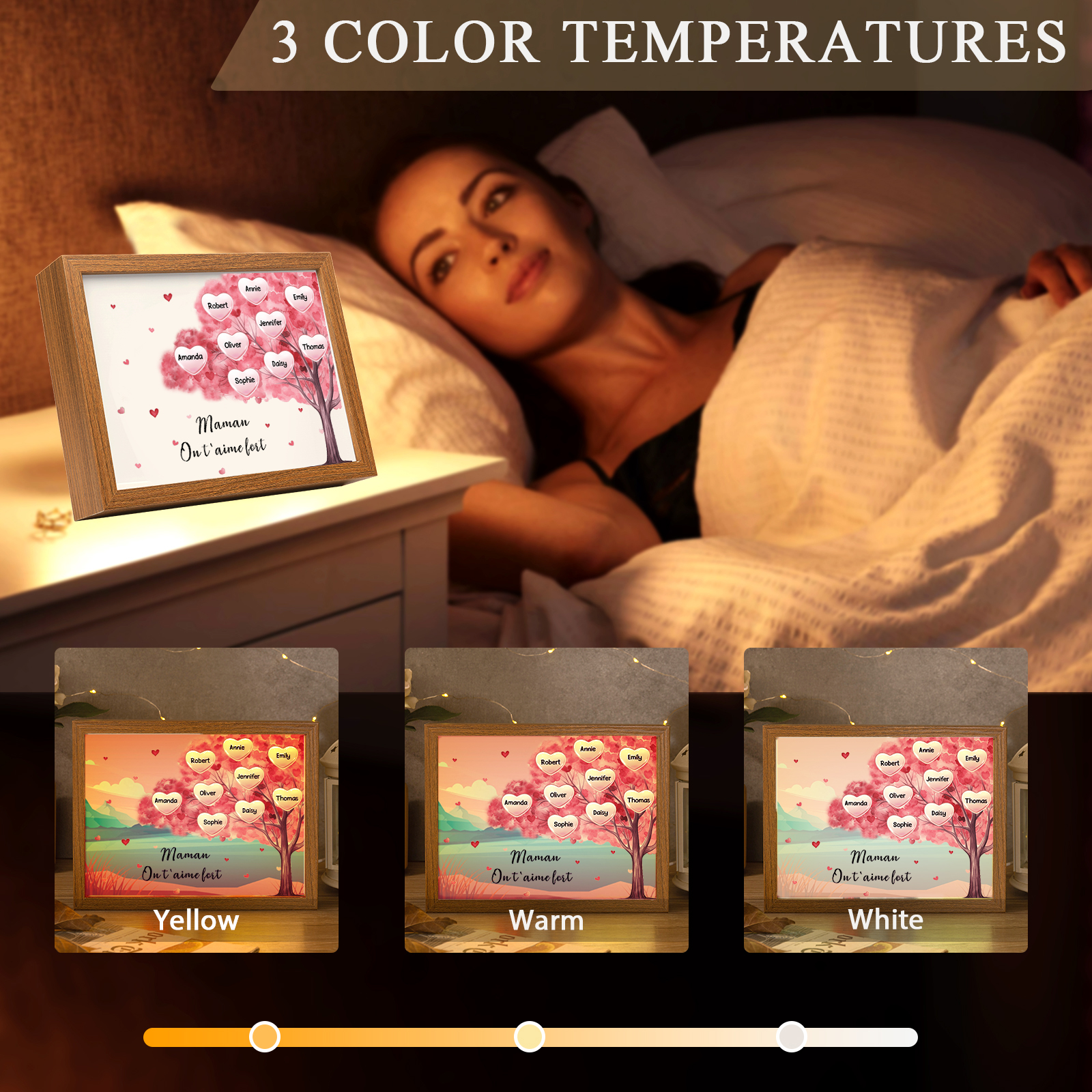 Cadre Photo LED Arbre 9 Prénoms Personnalisés avec 1 Texte Décoration Famille