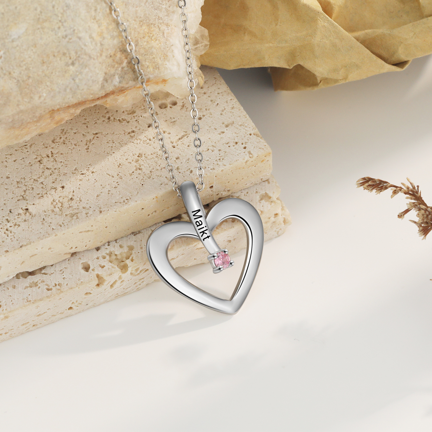 Collier Coeur 1 Prénom Personnalisé avec 1 Pierre de Naissance
