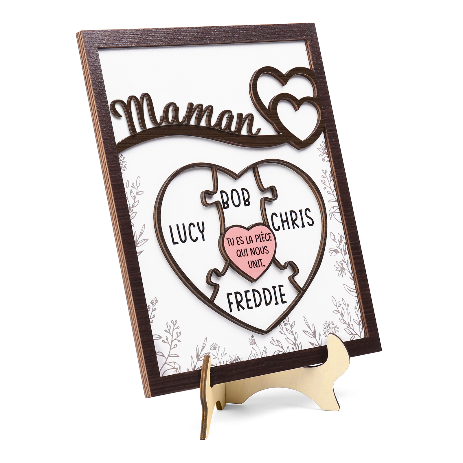 À ma Maman - Décoration en bois Cœur et Puzzle 4 Prénoms Personnalisés Ornement pour Famille