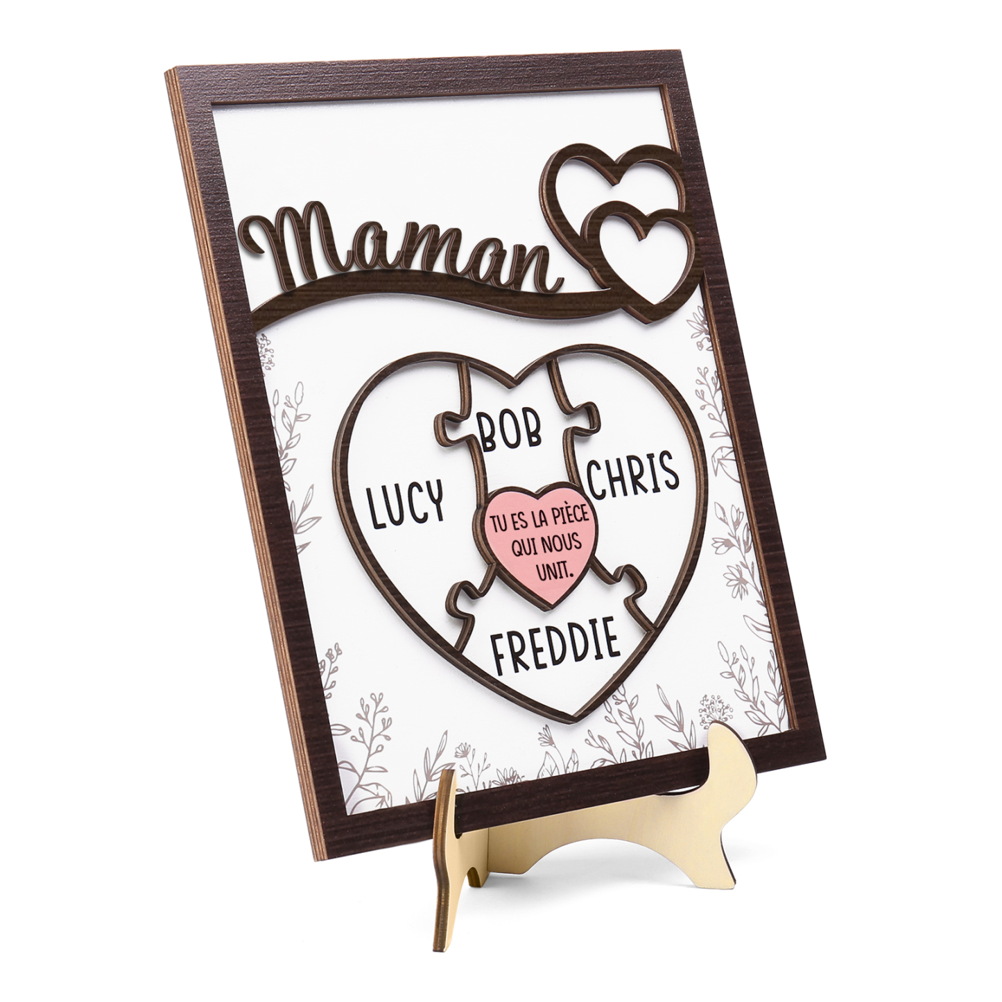 À ma Maman - Décoration en bois Cœur et Puzzle 4 Prénoms Personnalisés Ornement pour Famille