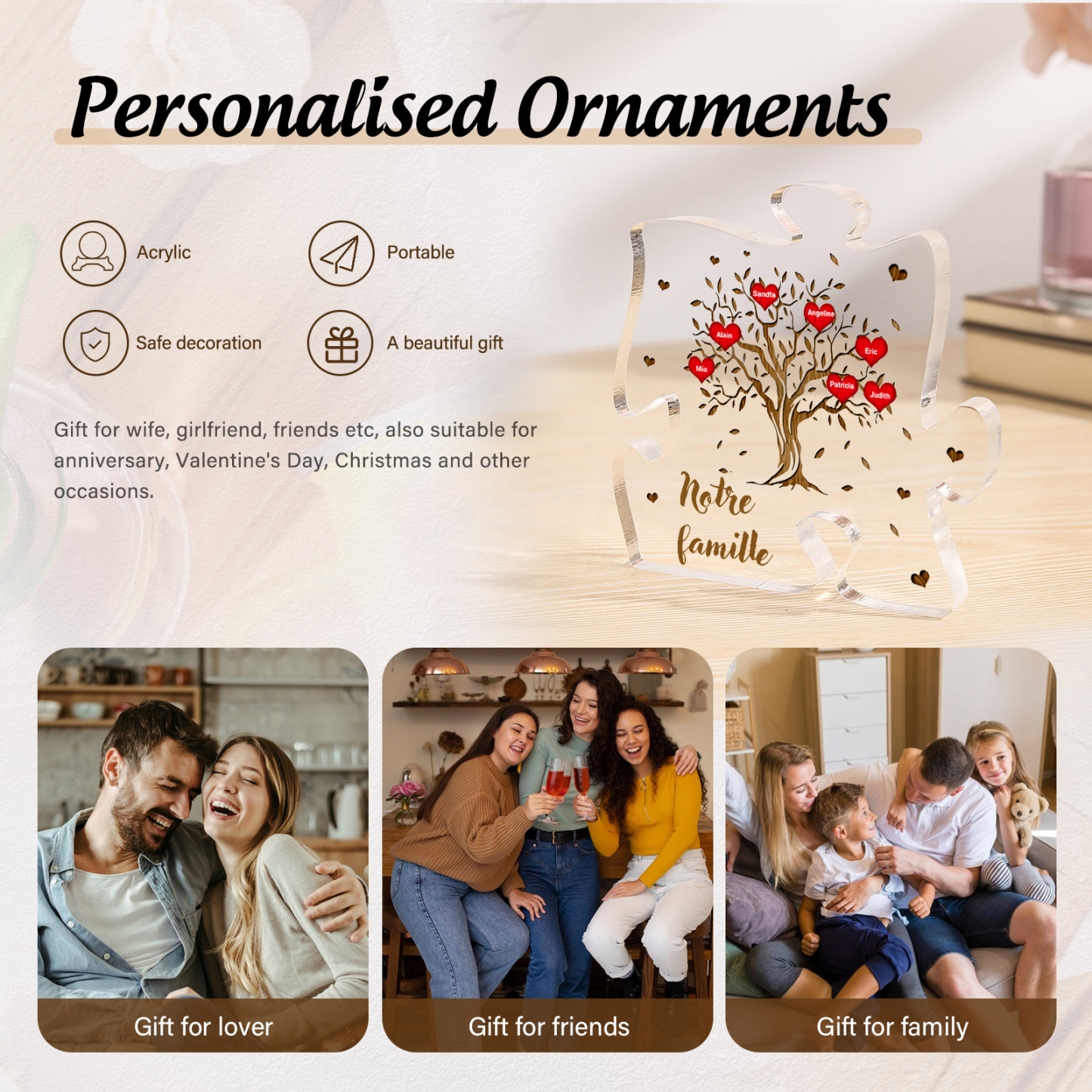 Plaque Acrylique en forme de Puzzle Arbre de Vie 7 Prénoms et Texte Personnalisés