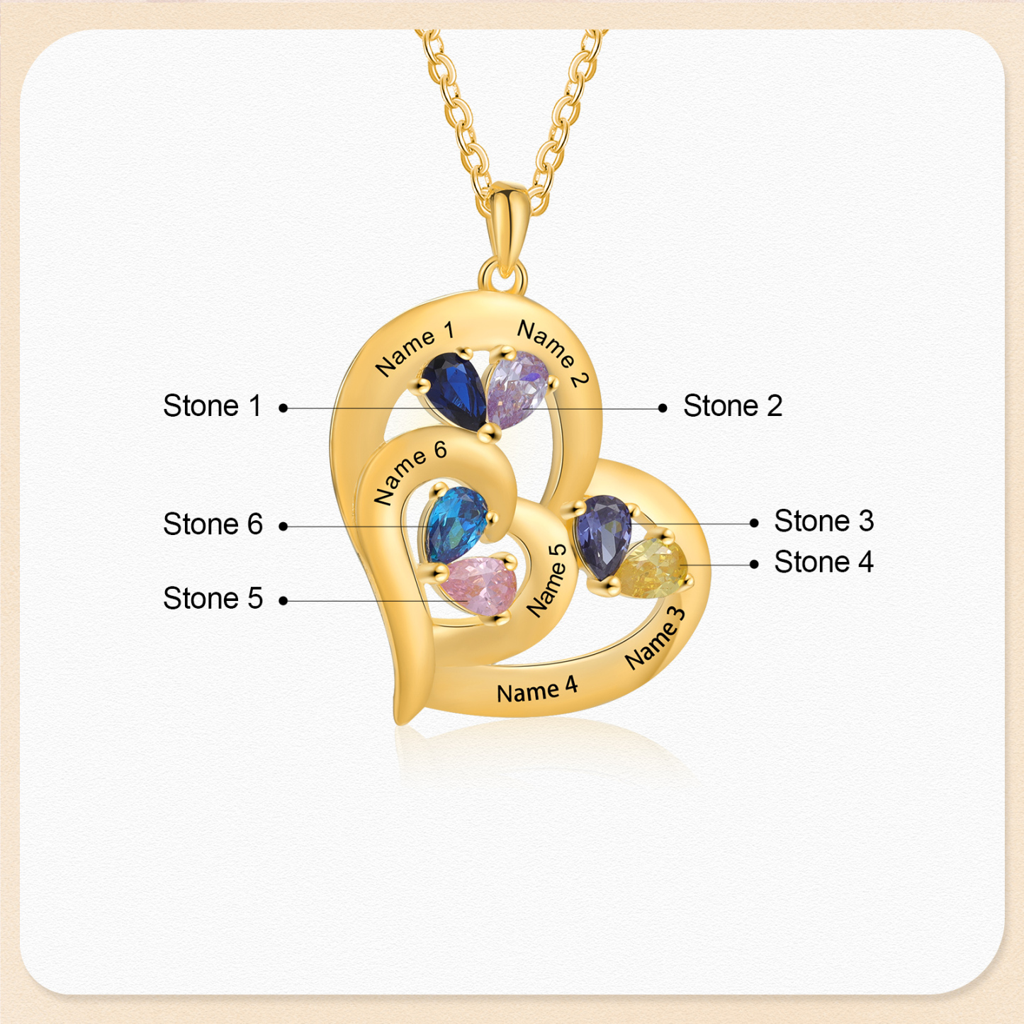 Collier Cœur 1-6 Prénoms Personnalisés avec Pierre de naissance