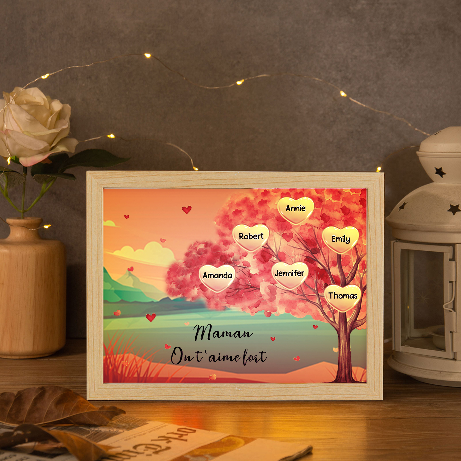 Cadre Photo LED Arbre 6 Prénoms Personnalisés avec 1 Texte Décoration Famille